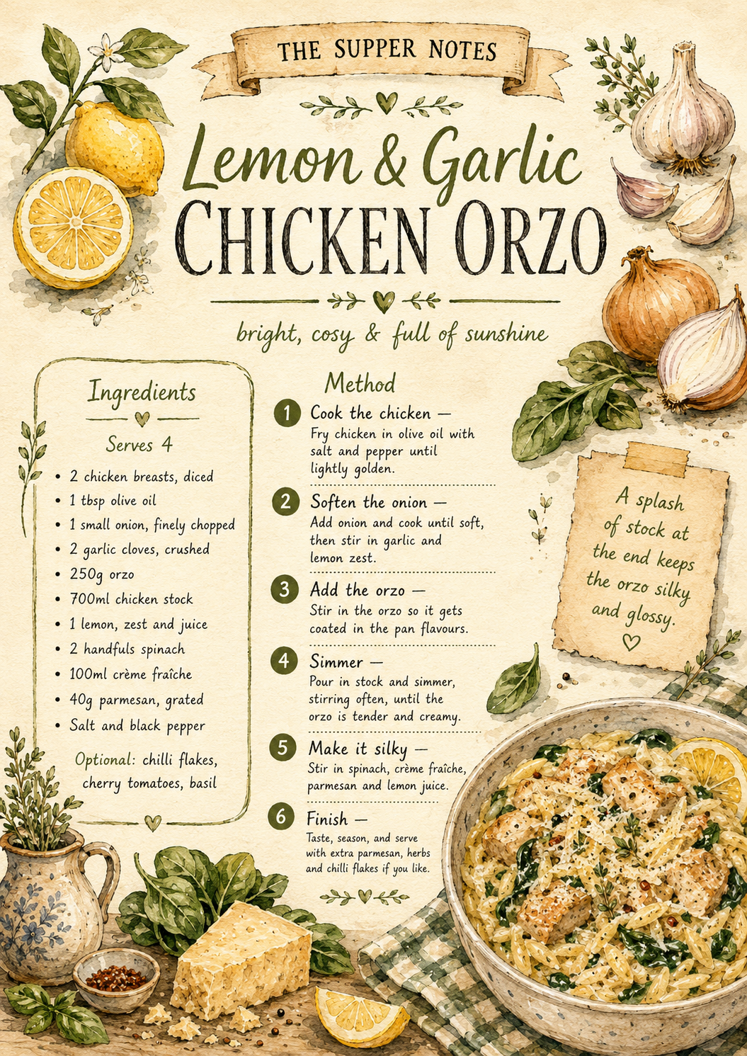 Lemon & Garlic Chicken Orzo 🍋