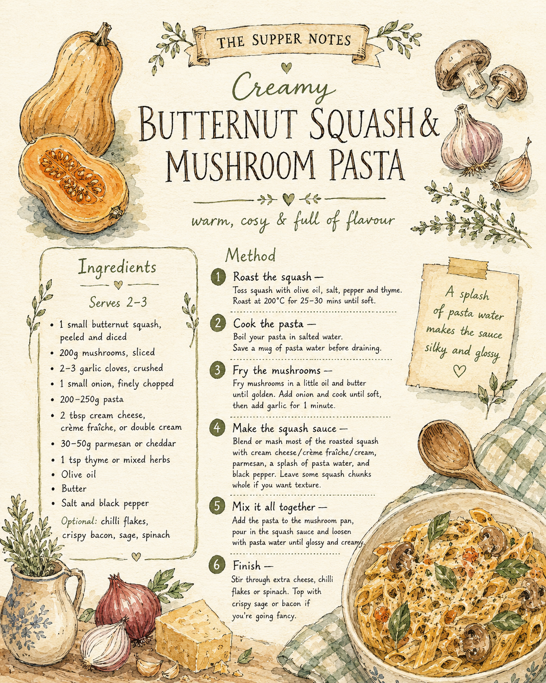 Creamy Butternut Squash & Mushroom Pasta Recipe Page